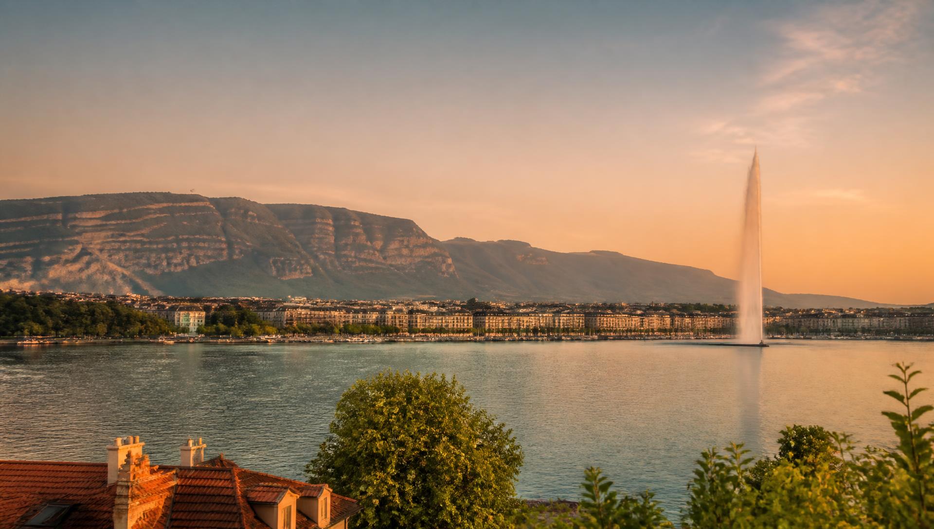Vue panoramique du lac Léman, du Jet d'eau et du Salève au coucher du soleil
